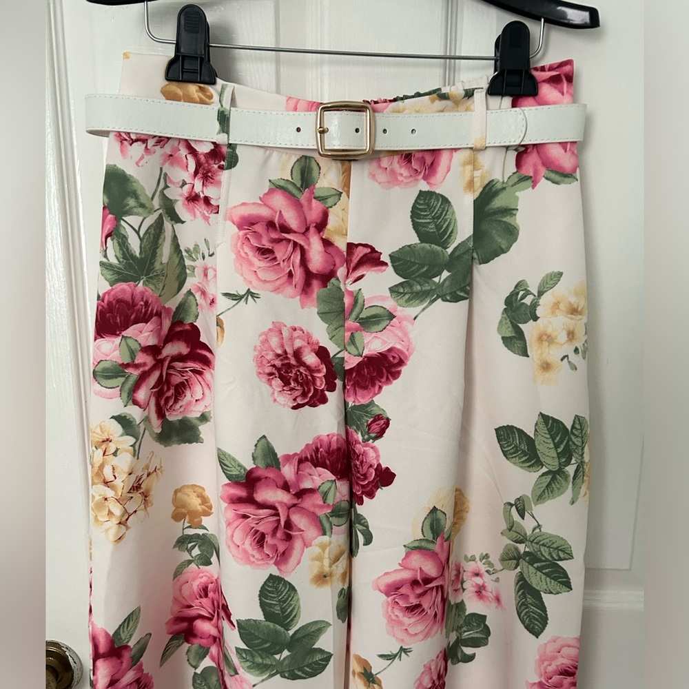 Floral Wide Leg Pants with Belt - Pink Rose Print - Picture 2 of 9